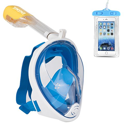 EMSMIL Maschera integrale da snorkeling, maschera da immersione, campo visivo a 180°, anti-appannamento con boccaglio, impermeabile, per adulti e bambini, blu S/M