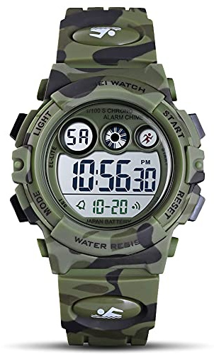 GOLDEN HOUR Watches for Kids Digital Sport Waterproof Boys Watch Outdoor 12/24 H Alarm EL Backlight Stopwatch Military Child Wristwatch Ages 3-15 (Camouflage Green)