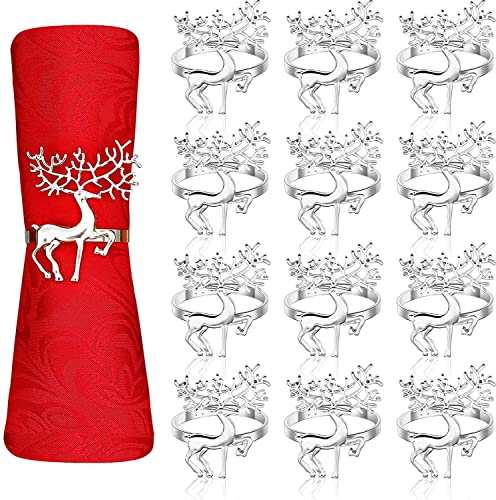 LATERN 12Pcs Christmas Reindeer Napkin Rings, 6CM Silver Elk Napkin Holders Reindeer Napkin Buckle for Christmas Lunch Thanksgiving Party Holiday Wedding Table Decoration