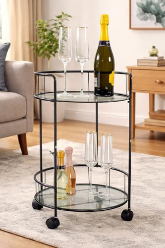 Dylex Black Drinks Trolley With Glass Shelves Mini Bar Cocktail Table Drink Table