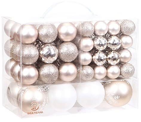 Sea Team 99 Pieces of Assorted Christmas Ball Ornaments Shatterproof Seasonal Decorative Hanging Baubles Set with Reusable Hand-held Gift Package for Holiday Xmas Tree Decorations, Champagne