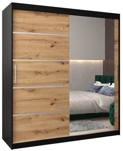 MEBLE KRYSPOL Kleiderschrank mit Spiegel Verona 2 - Garderobenschrank - Schrank Schlafzimmer - Mehrzweckschrank Zwei Schiebetüren - Regalen - Flur Möbel - Kleiderstange Schrank - Allzweckschrank