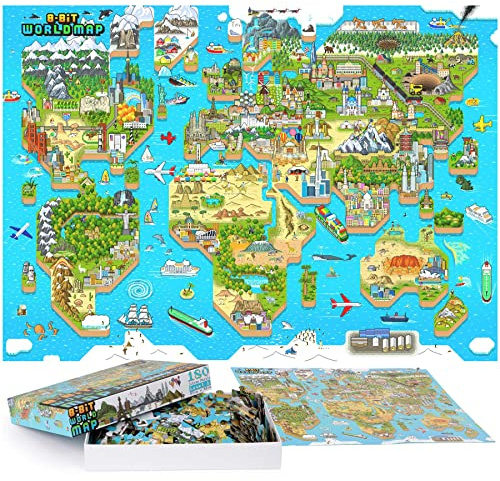 Puzzle Kinder/Weltkarte Puzzle Kinder - 180 Teile Retro-Gaming im 8-Bit-Stil Weltkarte Puzzle ab 5 / Puzzle ab 6 + Jigsaw Puzzle mit 100% Recycelte Karton von bopster