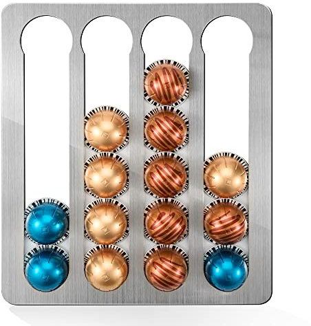 Stainless Steel Coffee Pod Holder for Nespresso Vertuo Pods, Adhesive Capsule Organizer for Vertuoline, Suitable for Mount Under Canbinet or On Wall Vertically or Horizontally(Adhesive)