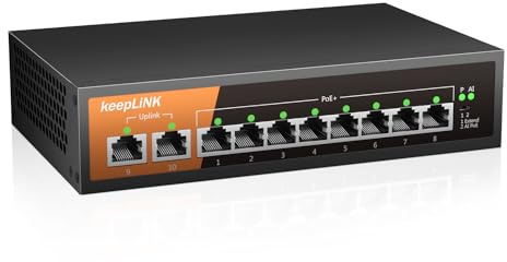 keepLiNK PoE Switch 10 Port LAN Switch mit 8 PoE+ Ports 100Mbps, 2 Uplink Ports 100Mbps, 135W 802.3af/at, 250m Extend, Lüfterlos, Plug-and-Play, Robustes Metallgehäuse