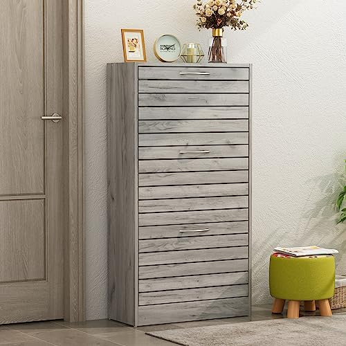 PREMTURE Schuhschrank, Schuhregal, Schuhkommode mit 3 Klappen und 6 Fächer, Schuhkipper für Flur, Schlafzimmer, Wohnzimmer，Holzwerkstoff, grau, 54 B*24 T*107 H cm