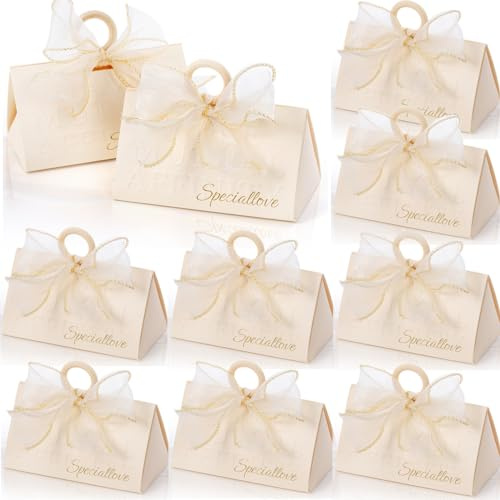 Yopay 30 Stück Hochzeitsgeschenkboxen, kleine Geschenkboxen für Gäste mit Griff, weiße elegante Schokoladen-Leckerli-Boxen mit goldfarbenen Bändern, Souvenirs, Papier-Geschenkbox für Brautparty