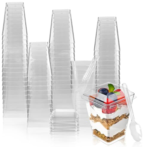 LIUCONGBD 50PCS Plastic Dessert Cups with Dome Lids and Spoons, 5oz/150ml Reusable Mini Square Cheesecake Pots, Clear Serving Dessert Bowls Parfait Appetizer for Jelly Yogurt Mousse Pudding Party Use