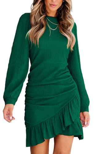 CUPSHE Stickad rynkad mini höstklänning smockad volang fåll rund hals långärmad bodycon vardaglig sommar höst klänningar, gRÖN, L