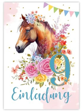 Minkocards 12 Einladungskarten zum 9. Kindergeburtstag Mädchen Pferd Einladung neunte Geburtstag Kinder bunte Geburtstagseinladungen