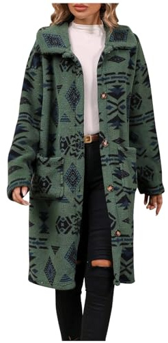 TRIGLIKOLEUM Lange Wintermantel Damen Bedruckte Fleecejacke im Ethno Stil Langärmelige Winterjacke Locker Jacke mit Reverskragen Vintage Einreihige Strickjacke Warme Mantel mit Taschen Outwear
