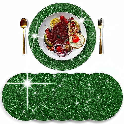 Green Round Glitter Sparkle Placemats - Set of 6, 40CM - Perfect for Kitchen, Table, Kids, Chrismas, Weeding Party
