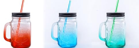 Kabalo Retro Glass Mason Jar Coloured Cocktail Drinking Handled Jam Jars with Lids & Straws x 3