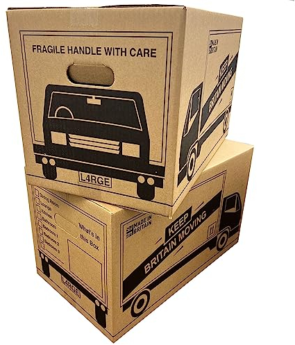 20 House Moving Boxes Strong Large Cardboard Box Storage Packing 47cm x 31.5cm x 27cm 44 Litres Carry Handles and Room List
