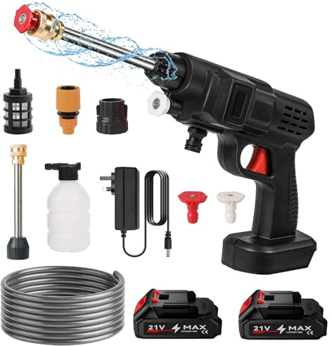 Pulitore ad alta pressione, pistola ad alta pressione senza fili 50 bar, idropulitrice ad alta pressione su batteria, caricatore e tubo da 5 m, per lavaggio e irrigazione auto (2 batterie)