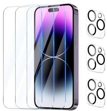 YUXINDZ Pack of 3 Screen Protectors for iPhone 14 Pro 6.1 Inch with 3 Camera Protection, Screen Protector Camera Protection Film, 9H Hardness, Anti-Scratch, Bubble-Free, HD Clear
