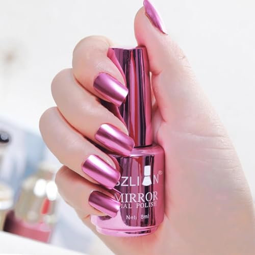 QUIWEN Metallic Pink Nagellack, schnell trocknend, langanhaltend, rosa Spiegelnagellack, wasserbasierte Formel, 1 ml