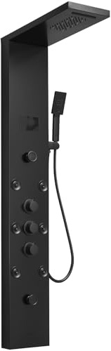 BWE Shower Panel Tower System LED Light Temperature Display 6-Function Stainless Steel shower system with Rainfall Waterfall Massage Body Jets Tub Spout and Handheld Shower, Matte Black