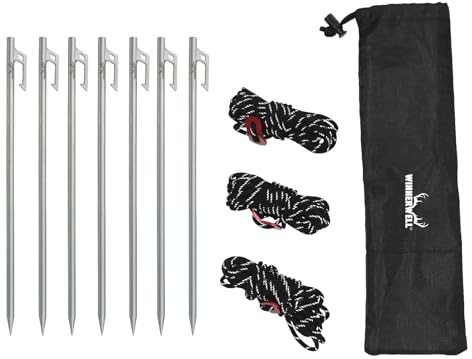 Winnerwell Zeltheringe Edelstahl mit Abspannleine, AISI 304 Camping Heringe Set mit Spannern und Tasche, robuste Erdnägel für Zelt, Tarp & Outdoor