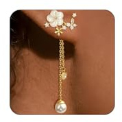 Lange Perlen-Tropfen-Ohrringe FüR Damen, Zarter Blumen-Hochzeitsschmuck, Trendige Fadenkette, 14k Gold, Funkelnde Statement-StüCke, Ohrringe HäNgend Gold