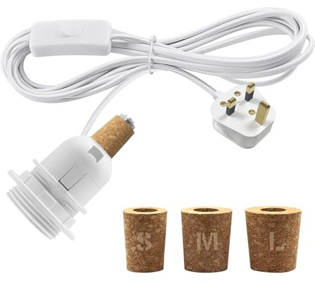 Bottle Lamp Kit Do It Yourself, E27 Lamp Holder with 240CM Cable, Bottle Light Adaptor Kit, Including 3 Sizes of Stoppers, Table Lamp Fitting for Different Bottles, DIY Lampshade, White