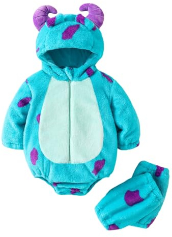 Qianderer Disfraz de animal para bebé pequeño, mameluco de manga larga con capucha, calentador de piernas, disfraz para Halloween, cosplay (azul ba, 6-9 meses)