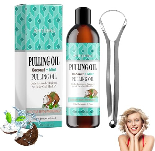 Bain De Bouche À L'huile De Noix De Coco Naturelle Et À La Menthe Poivrée Avec Gratte-Langue, 100 Ml Huile De Menthe Poivrée Pour Blanchir Les Dents, Haleine Fraîche Et Gencives Saines
