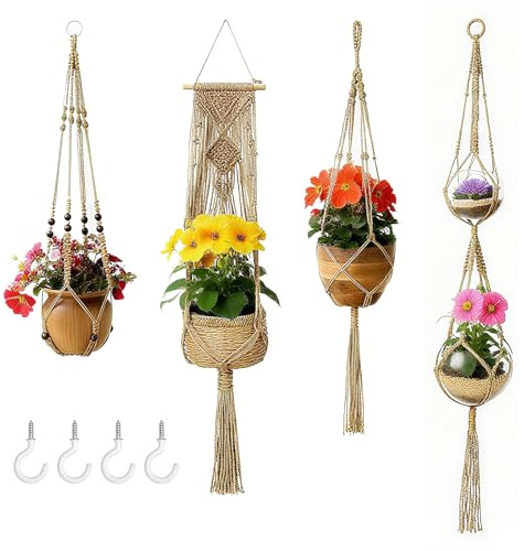 4Pcs Macrame Plant Hanger, Cotton Rope Hanging Basket, Boho Decor Flower Pot Holder with Hanging Hooks for Indoor Outdoor Garden Home Balcony Decor, Brown