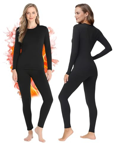 GOZINA Conjunto de ropa interior térmica para mujer, cuello redondo suave, conjunto de capa base para mujer, leggings térmicos de manga larga con forro polar para entrenamiento de invierno, Negro, XL