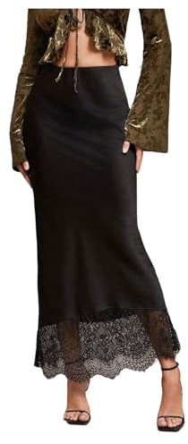 MakeMeChic Women's Satin Lace Maxi Skirt Silk High Waist Fishtail Long Skirts Black Medium