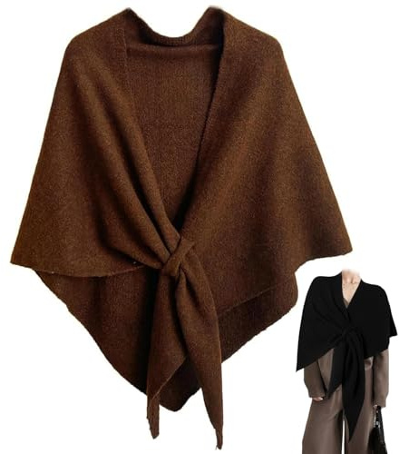 Écharpe en laine mélangée pour femme, cardigan tricoté, cape et écharpe triangulaire, châles douces et confortables et de couleur unie pour femmes toutes saisons, café, L