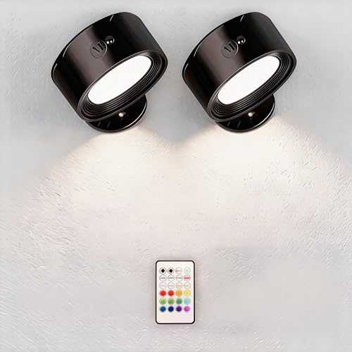 Abnaok 2 Pack Rechargeable Wall Lights, LED Magnetic Wall Lights, 3 Color Temps, 6 Brightness, 12 RGB, 3 Timer Modes, 360° Rotation Dimmable, Remote & Touch Control, No Drilling