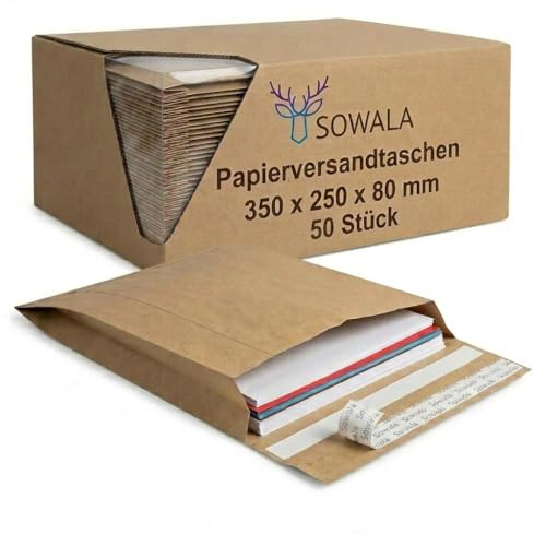 Papier-Versandtaschen Vinted 350x250x80mm Versandtüten - 50 Stück, sowala | Spitzer Boden mit 8 cm Seitenfalte – viel Platz für Pullover & Co., Doppelfixverschluss für Hin- & Rückversand, plastikfrei