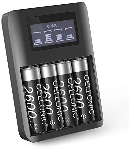 CELLONIC Cargador de Pilas AA AAA USB + 4X Batería Recargable AA 2600mAh LR6, Cargador Pilas USB con 4 Compartimentos de Carga para Batería, 4 Slots y Pantalla LCD para Control de Carga Cargador USB