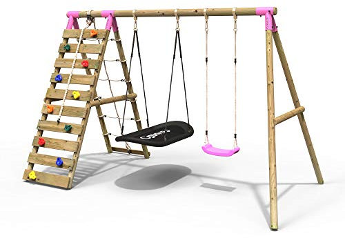 Rebo® Wooden Swing Set with Up and Over Climbing Wall - Sage Pink | OutdoorToys | Boat and Standard Swing, Sturdy Wooden Construction, Pressure Treated Timber