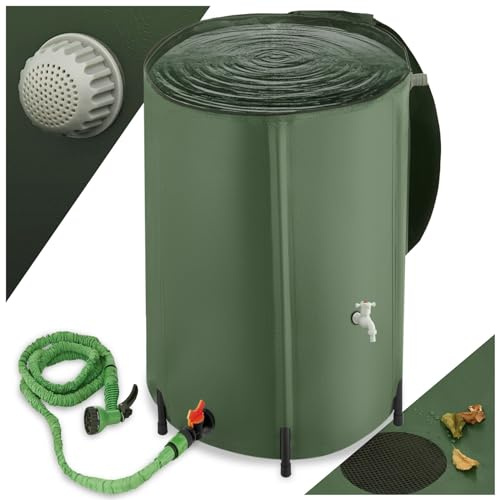 tectake® Vikbar Regntunna Grön med Överflödesskydd, Absolut Rostfri Regnvattentank, väderbeständig, Slitstark, Vatteninloppsgaller, Ovansidan med Blixtlås, Plastfötter, Regntunna 380 liter