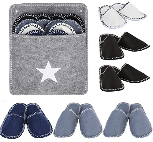 RUYI Lot de 6 paires pantoufles d'invité en feutre, antidérapantes, taille 36-45 EU, avec sac rangement pour femme, homme, enfant, idéal la famille, l'hôtel, les voyages Gris