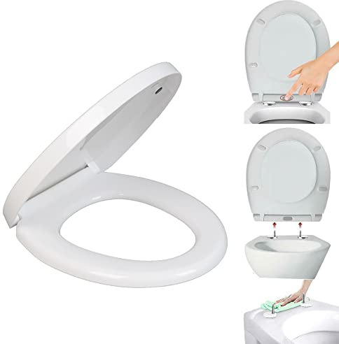 Toilettendeckel, WC Sitz mit Absenkautomatik, Schnellverschluss für Leichte Reinigung, O Form Weiß Toilettensitz, Verstellbaren Scharnieren, Klobrille Antibakterieller