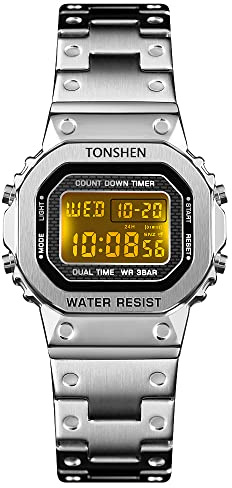 TONSHEN Damenuhr Edelstahl Digitaluhr Sportuhr LED Elektronik Outdoor Multifunktional Doppelte Zeit Countdown Alarm Stoppuhr Uhren Casual Armbanduhr