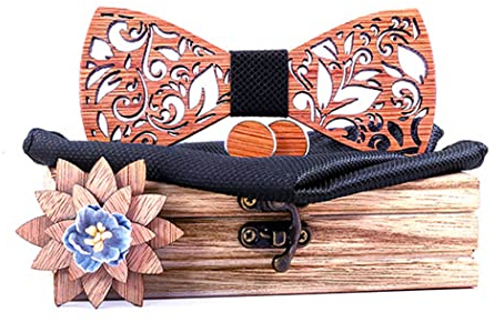 RQPYQF Noeud Papillon Bois, Ensemble de 4 Pièces - Noeud Papillon, Boutons de Manchette et Broche en Bois, Carré de Poche, Fait Main, Accessoire Mode (Style#30)