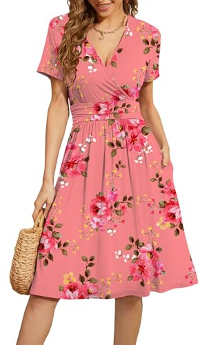 WEACZZY Womens Summer Short Dress Midi Dress Empire Waist Dresses for Women Flowy Dress Floral Sundress with Pockets,Floral Pink,M