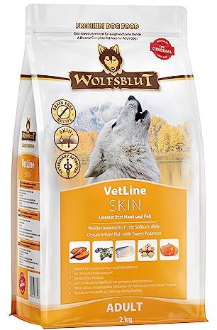 WOLFSBLUT – VetLine Skin | Diät Trockenfutter für ausgewachsene Hunde mit Haut- und Fellproblemen. Getreidefreies Alleinfutter im Beutel | 2kg Weißer Meeresfisch mit Süßkartoffeln