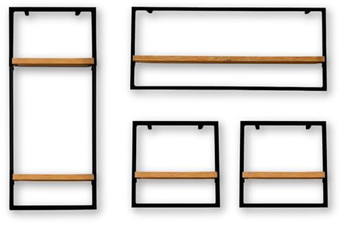 holz4home® 4-teiliges Wandregal Set I Eichenholz Schwarz gerahmt I Ohne Baumkante, Natur geölt I Inkl. Befestigungen aus Stahl für Schweberegal Industrial Flair