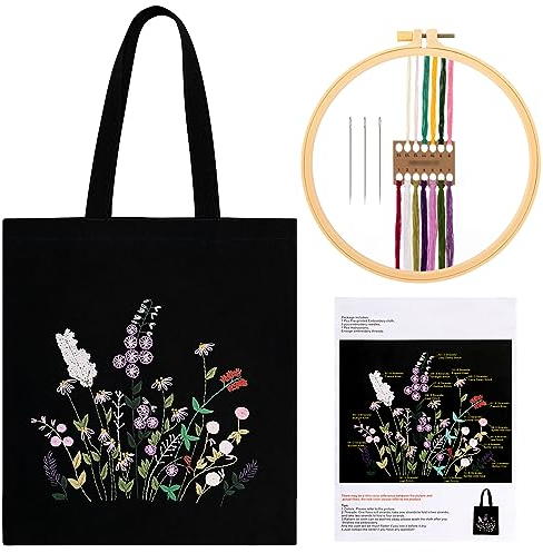 JSRQT Canvas Tote Bag Stickerei Set Anfänger, Stickerei Starter Set für Erwachsene, Canvas Taschen Kreuzstich Sets mit Blumenmuster, Handstickset mit Bambus Stickrahmen und Anleitung, Schwarz