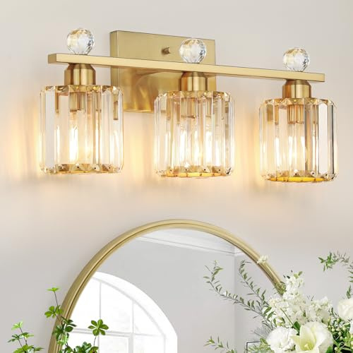 KunruiTAI 3-Light Gold Bathroom Light Fixtures,Modern Bathroom Vanity Lights Fixture with Clear Crystal Glass Shade, Modern Crystal 3 Lights Wall Sconce for Mirror Bedroom Living Room
