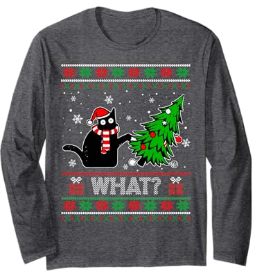 Pull Moche Chat Noir Amusant What? Poussant l'arbre de Noël Manche Longue