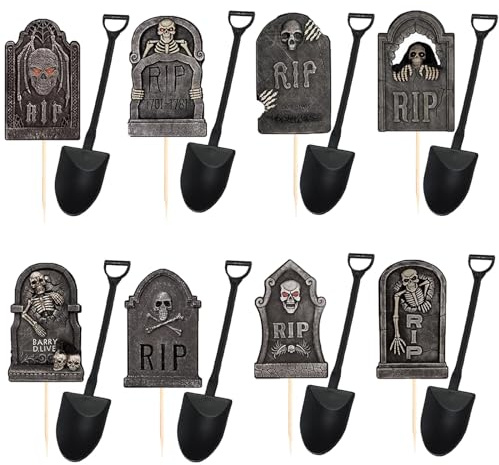 Halloween Cupcake Toppers Cake Decorations Gravestones Cemetery Cupcake Toppers with Novelty Mini Shovel Spoon for Halloween Party Birthday Party Decoration Supplies 48 Pieces