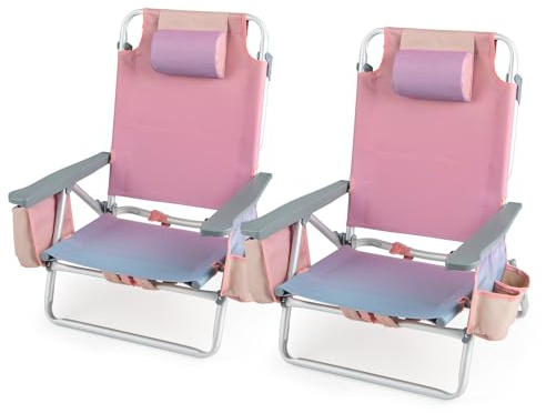 Tangkula Set of 2 Backpack Beach Chair, 5-Position Lay Flat Beach Chairs with Cooler Bag, 2 Cup Holders, Towel Bar, Lightweight Folding Beach Chair with Backpack Straps