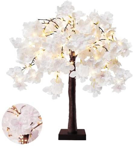 Árbol de cerezo iluminado de 24 pulgadas con 24 luces LED de color blanco cálido árbol bonsái artificial de mesa