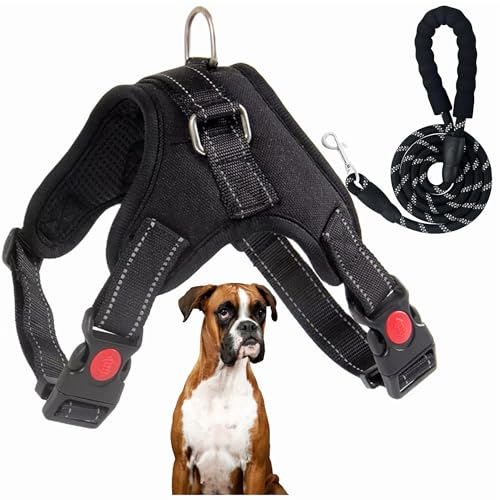 Arnés Perro Grande, Antitirones, Ajustable con Tela Respirable y Botones de Seguridad. Incluye Correa Reforzada, como Accesorio para Perros Grandes. (Negro L)